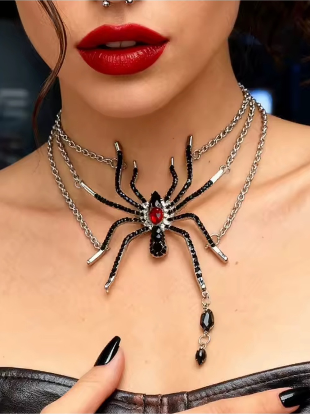 Gothic Black Spider Multi-Layer Necklace with Red